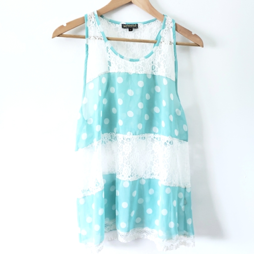 Turquoise Polka Dot Lace Flowy Blouse Tank Boho